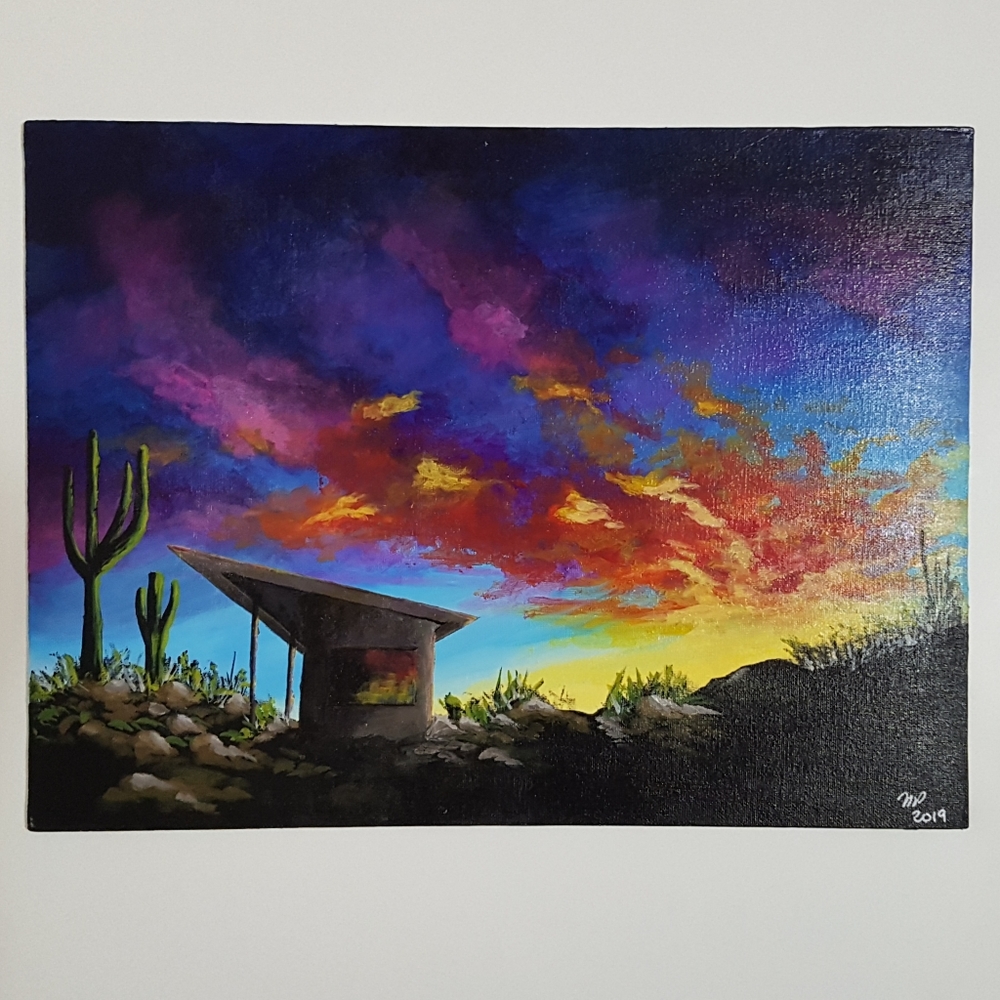 Acrylic Painting Desert Sunset Cabin 12x16